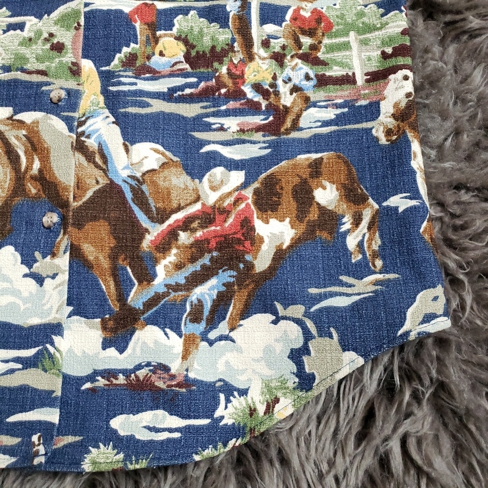 Vintage Mens Barkcloth Western Cowboy Horse Button Front Printed Shirt - Picture 6 of 11